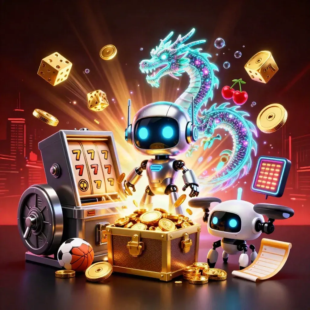 Cyberpunk robot, holographic dragon and drone amid bursting slot reels, gold, and jackpot effects.
