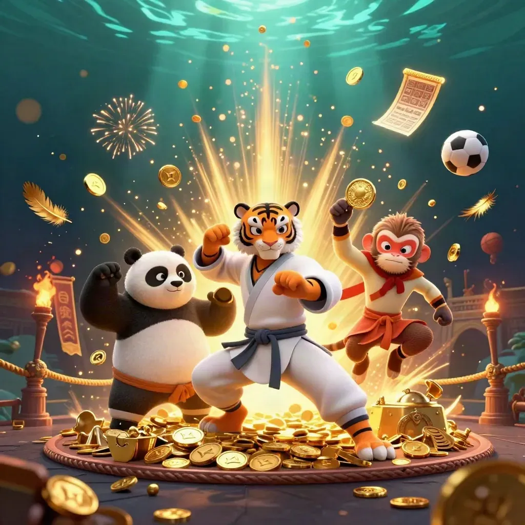 Tiger, panda and monkey celebrate amid bursting coins, fireworks, temple ruins and sports betting props.