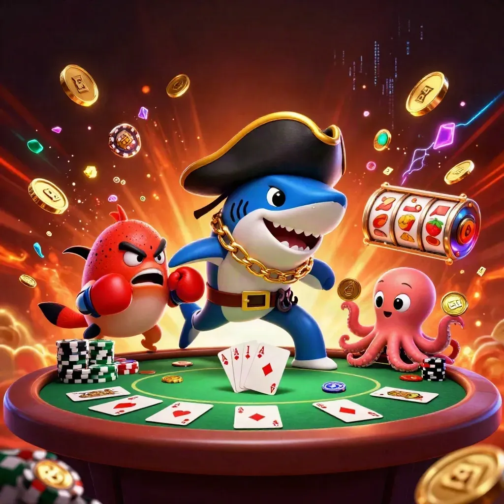Shark pirate, pufferfish boxer and baby octopus erupting with cards, chips and neon casino energy.