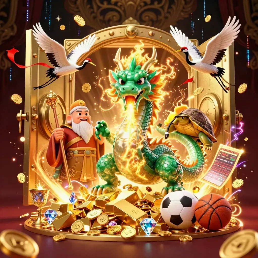 Emerald dragon, turtle sage and cranes burst from a vault with gold, gems and neon energy