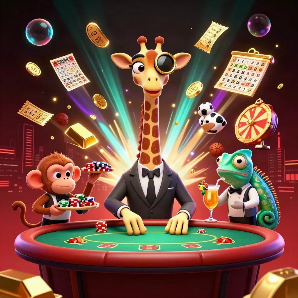 Giraffe high-roller, monkey valet and chameleon bartender amid treasure burst, coins, balls and fireworks.