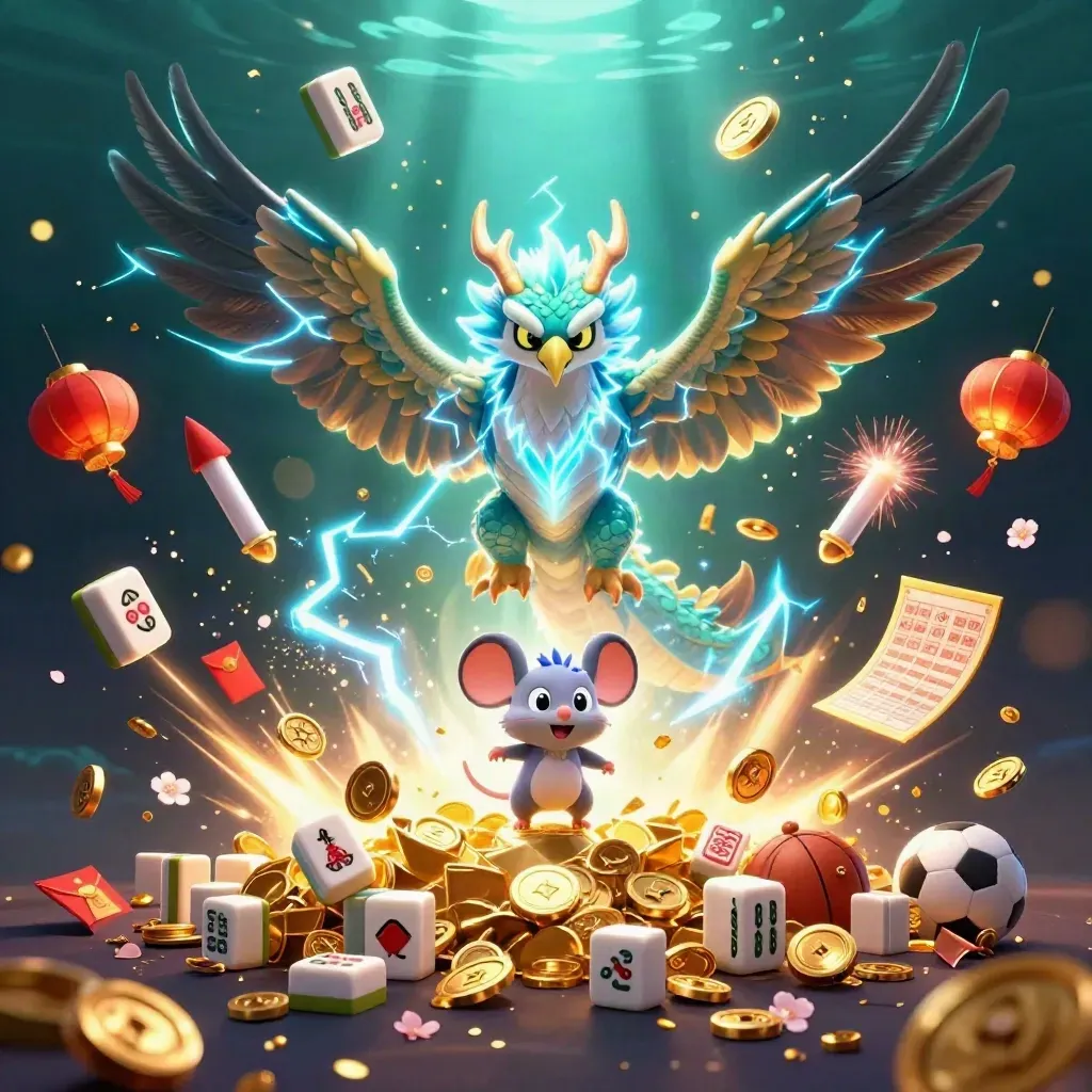 Thunder dragon, hawk and mouse burst amid coins, fireworks, lanterns and sports betting props.