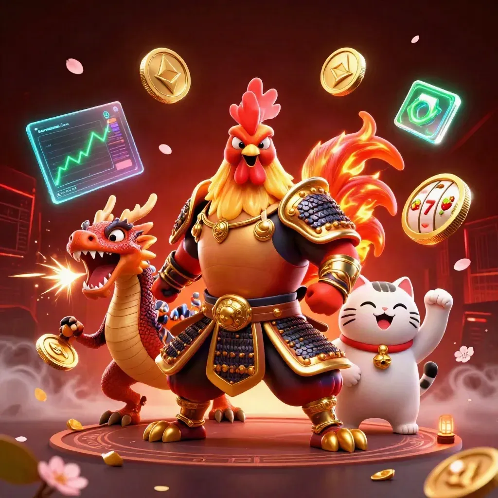 Rooster samurai, dragon hatchling and fortune cat amid coins, reels and neon casino effects.
