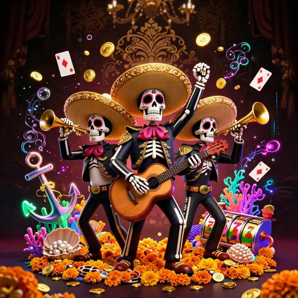 Skeleton mariachi trio amid coins, coral, cards, and neon casino effects.