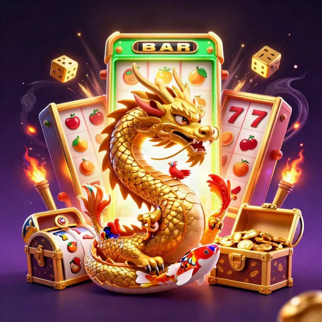 Golden dragon with phoenix, koi, slot symbols, and treasure in a glowing casino fantasy scene.