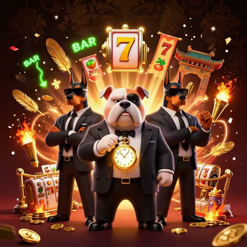 Bulldog boss with two Dobermans amid casino, temple, and gold effects