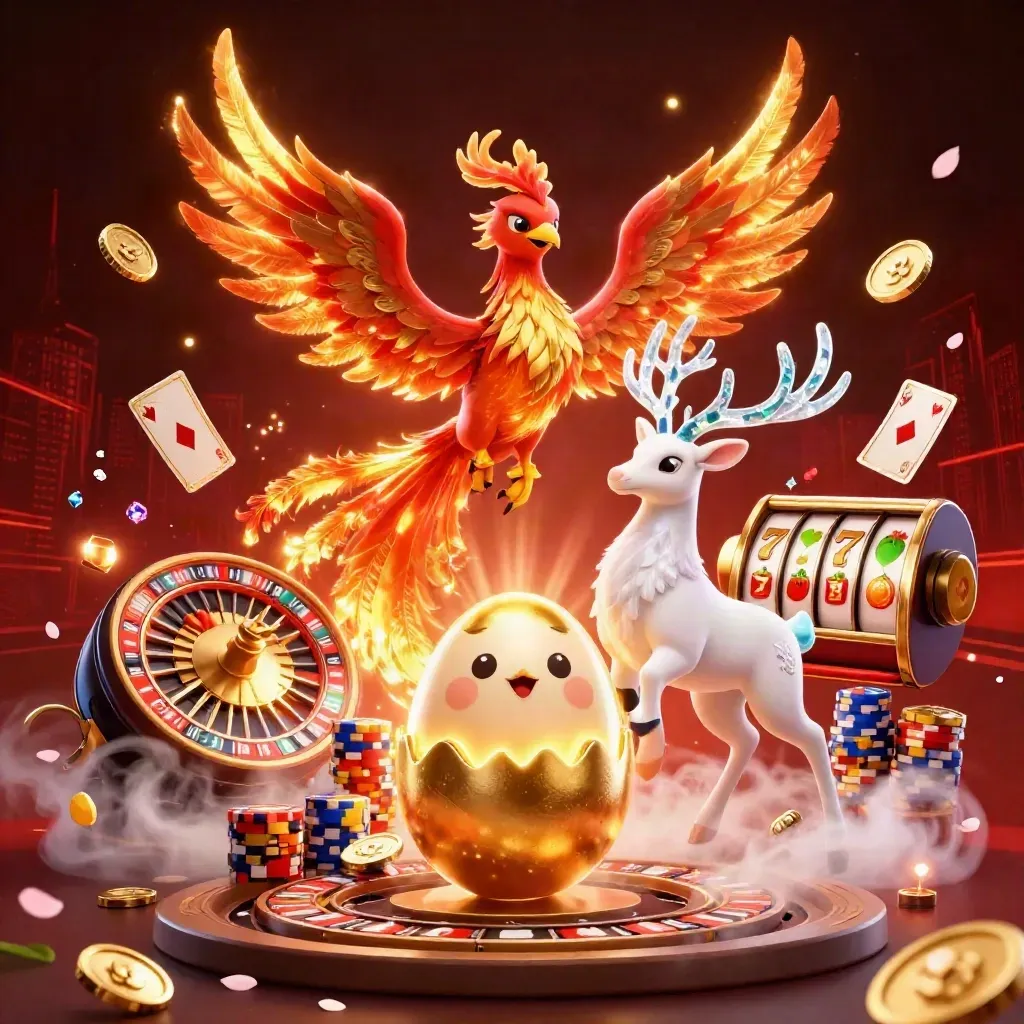 Fire phoenix, baby phoenix, and crystal stag amid coins, cards, chips, and glowing casino effects.