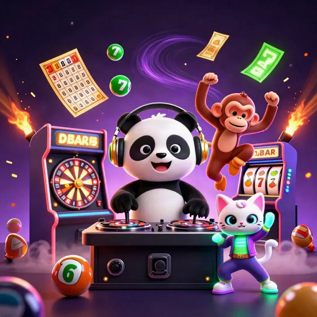 DJ panda, monkey, and glow kitten in a neon casino burst with wheels, balls, and lights
