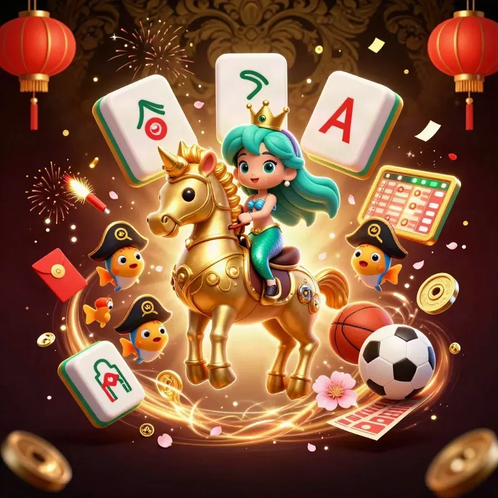 Mermaid princess on a golden seahorse amid pirate fish, lanterns, coins, sparks, and sports icons.