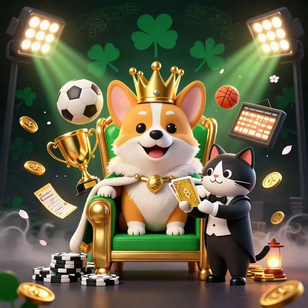 Royal corgi and cat butler amid casino chips, balls, coins, and glowing gold effects.