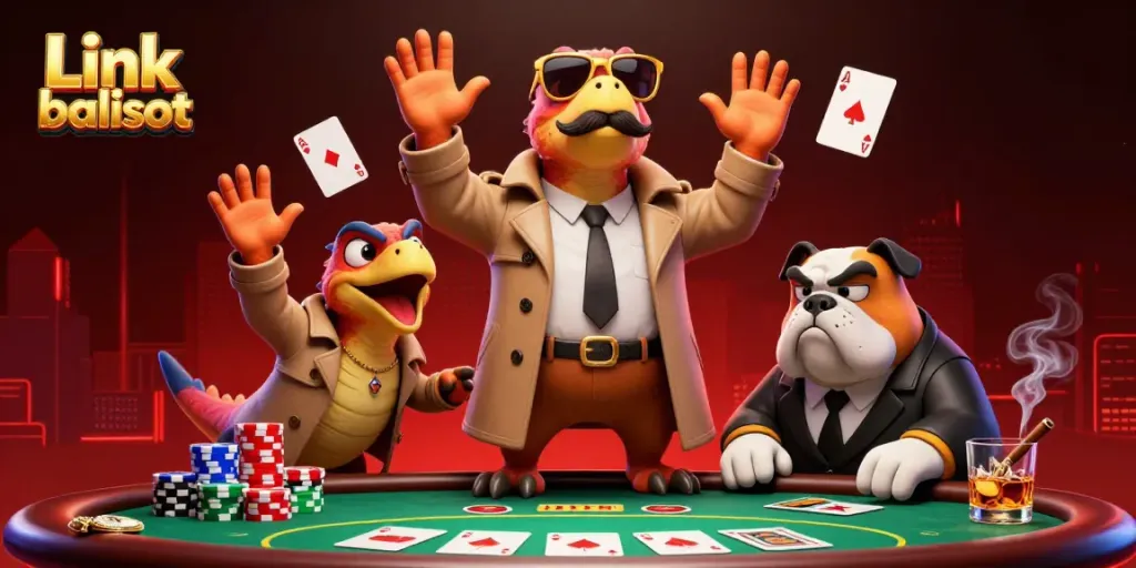 Link balislot showcases raptors in a trench coat attempting entry into a VIP casino, embodying playful gambling humor.