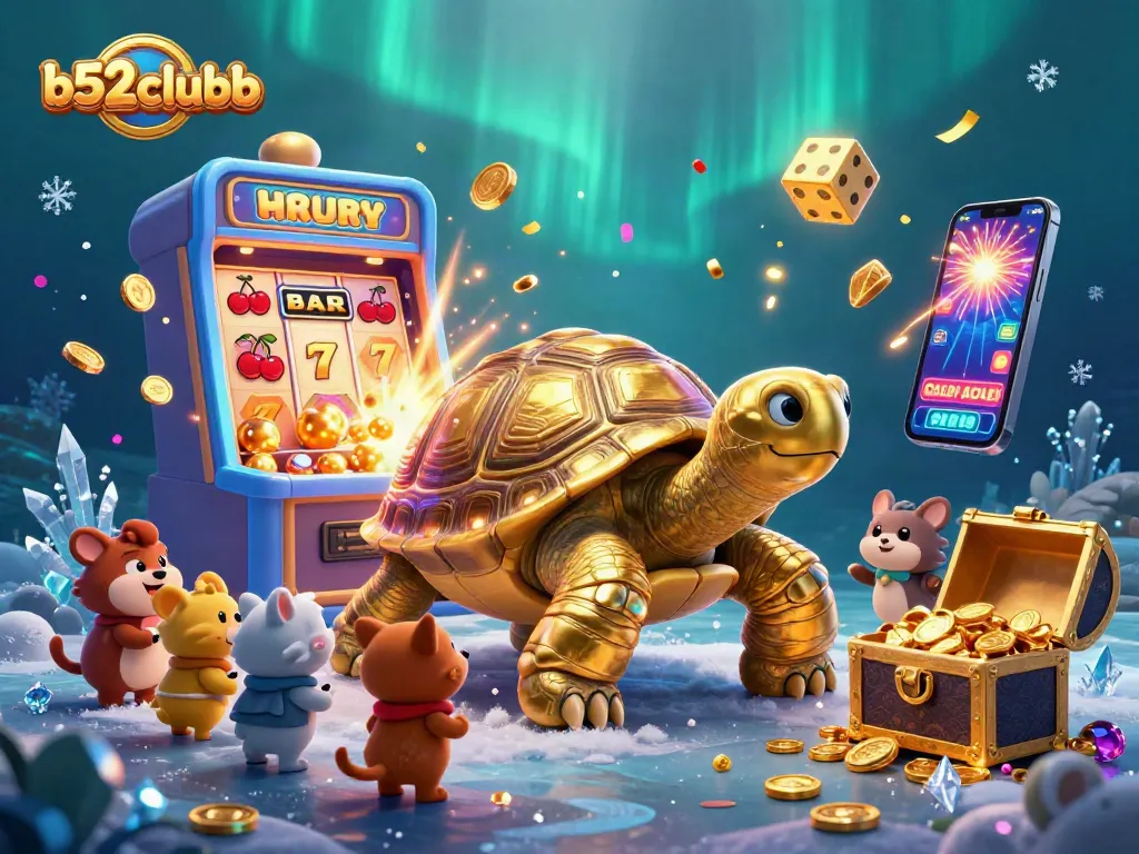B52Clubb depicts a vibrant casino scene featuring a golden tortoise pinball machine and exciting game elements.