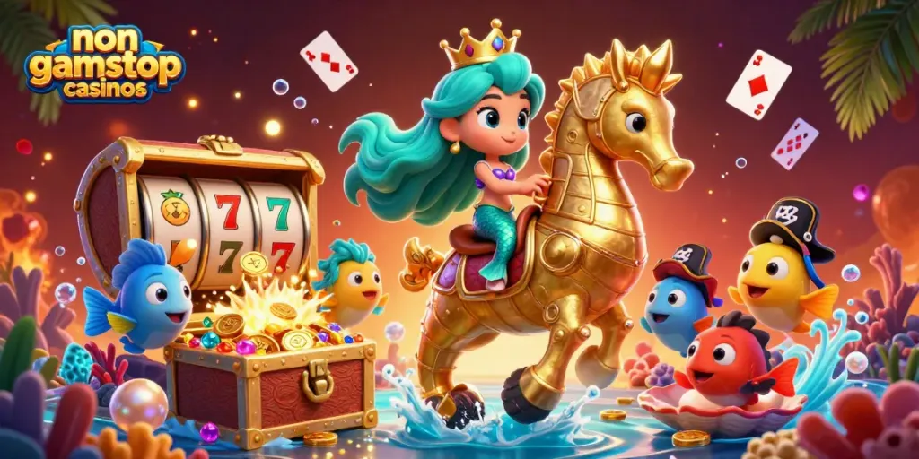 Spin the reels at non gamstop casinos with colorful characters and gems in a vibrant underwater scene.