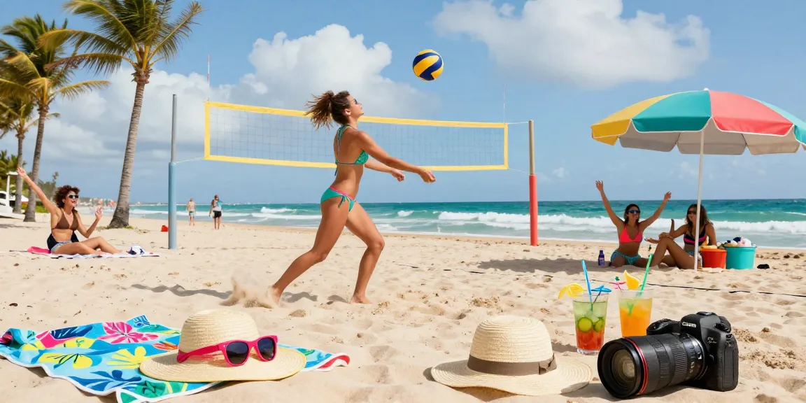 BikiniSlot beach volleyball scene with vibrant sun hats and accessories against a sunny ocean backdrop