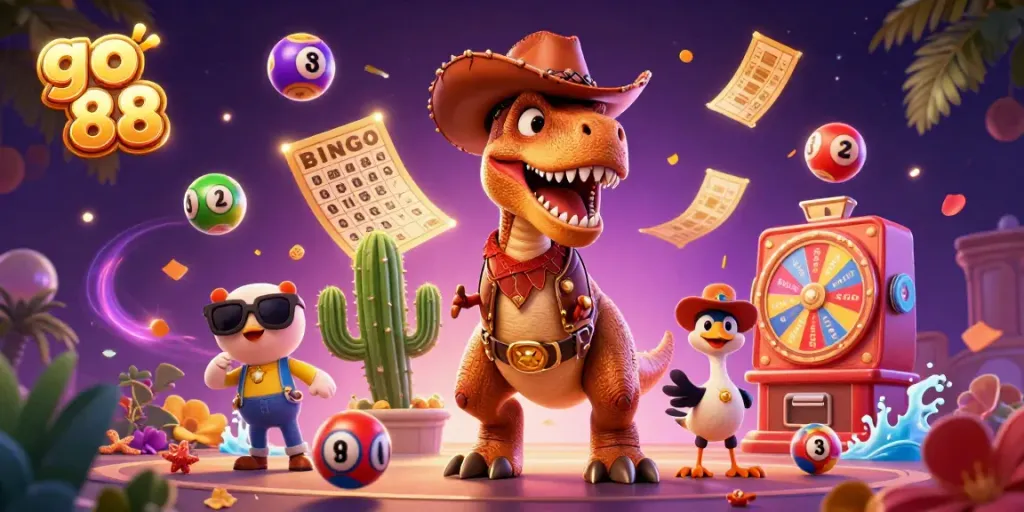 Join the thrilling excitement of go 88 with a colorful casino scene featuring a T-Rex and fun game elements.