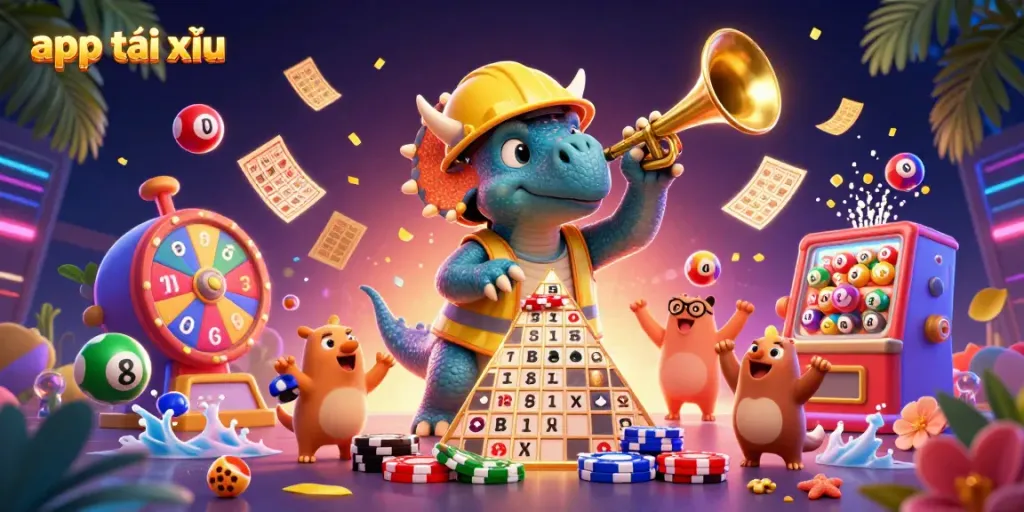 Celebrate app tài xỉu victories with a joyful, animated scene of characters building gaming excitement.