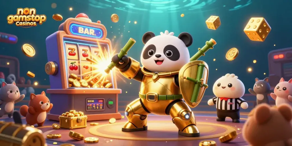 Experience the excitement of non gamstop casinos with a lively illustration of a panda in a mech-suit and a vibrant casino backdrop.