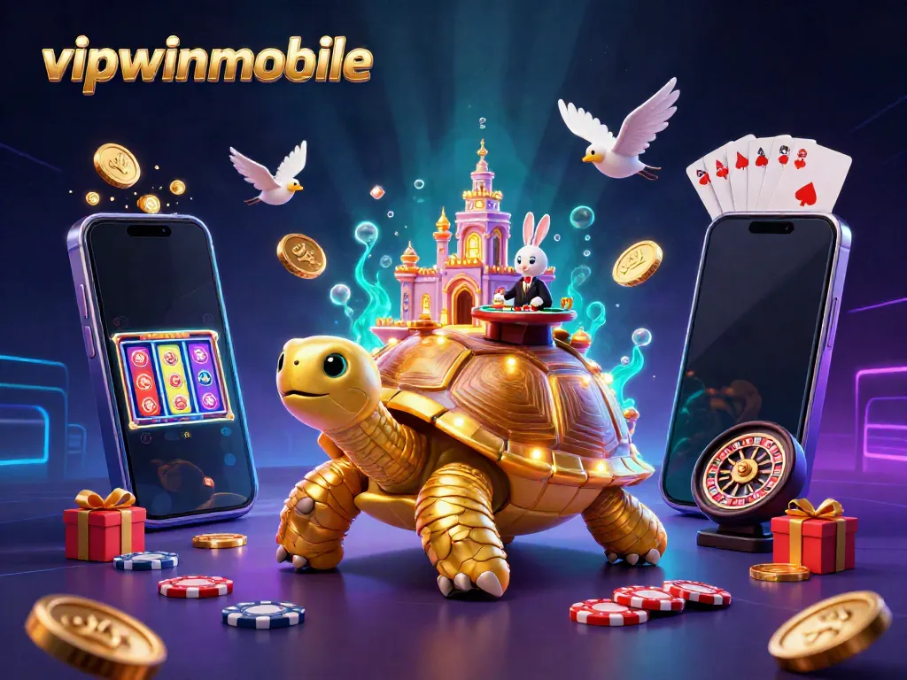 Experience vibrant gaming action with vipwinmobile's cartoon golden tortoise casino illustration, featuring golden coins and lively games.
