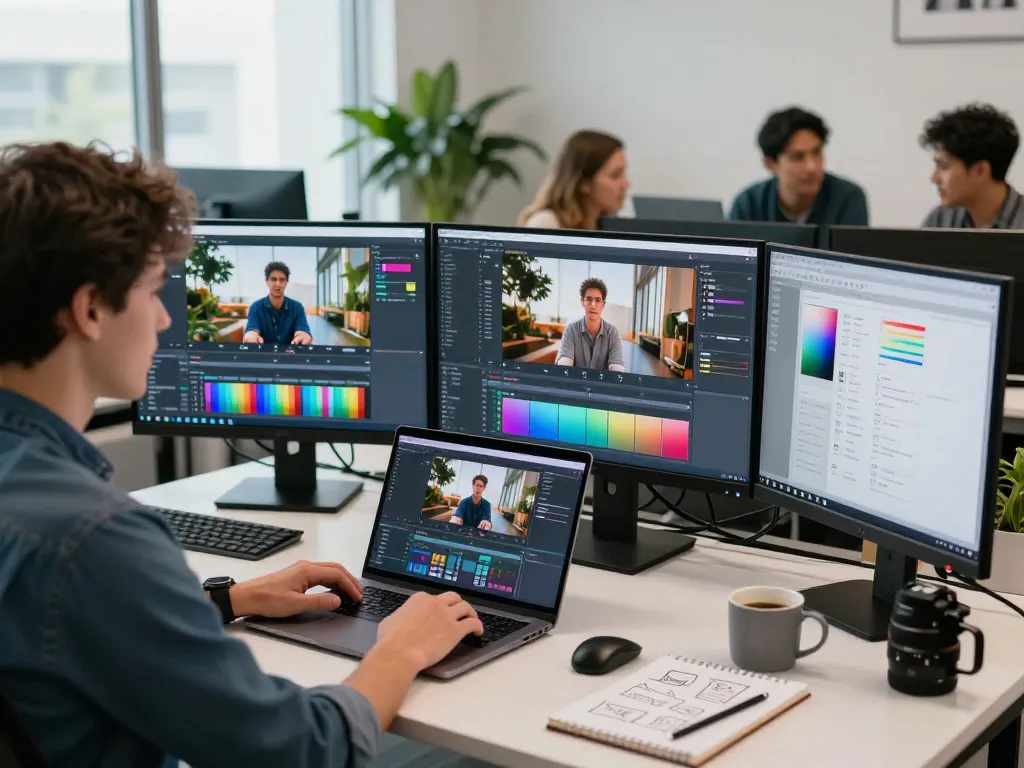 Seedance AI software in action, showcasing advanced video creation capabilities in a modern office environment.