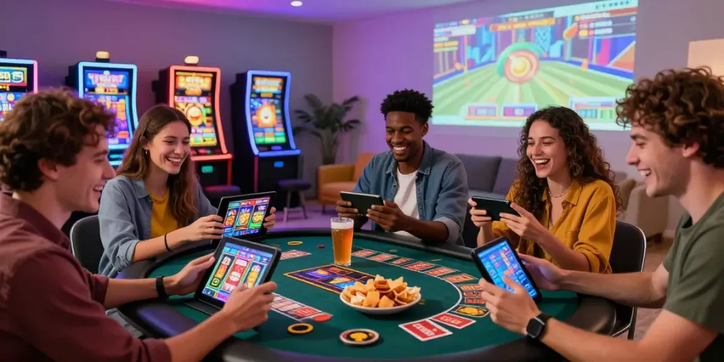 Friends enjoying online casinos in a lively home setting with vibrant slot machine graphics.