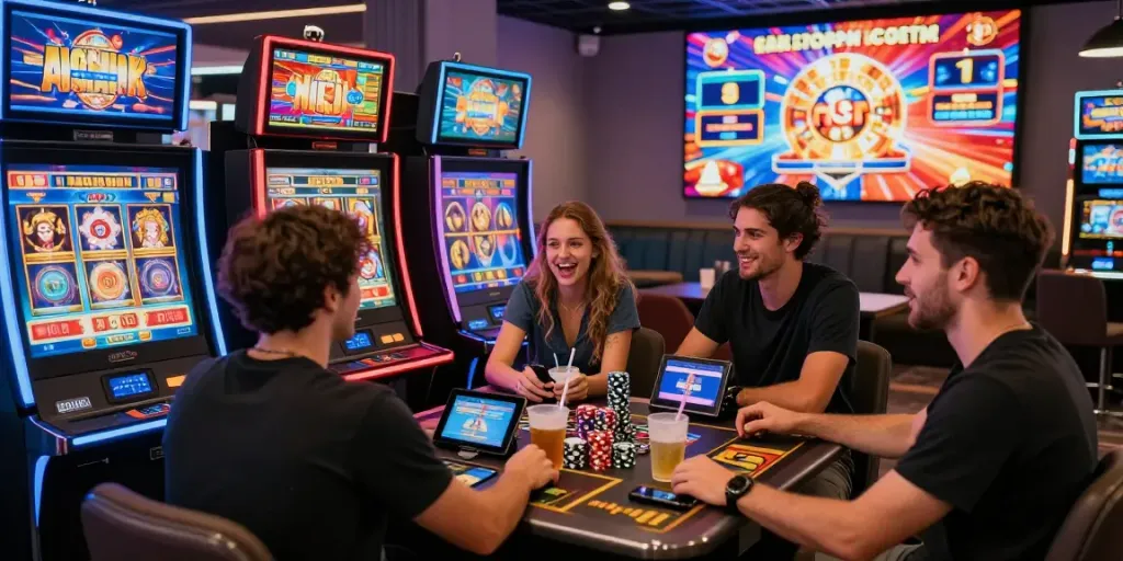 Friends enjoying online casinos together at a vibrant gaming lounge.