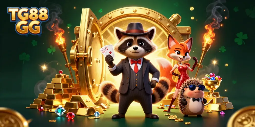 Experience the excitement of TG88 GG with a vibrant casino illustration featuring charming animals and treasure elements.