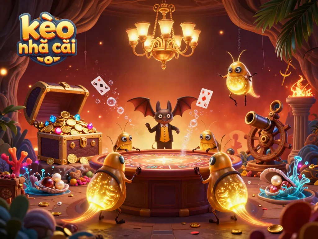 Engaging illustration of kèo nhà cái, featuring glowworms lighting a vibrant casino scene.