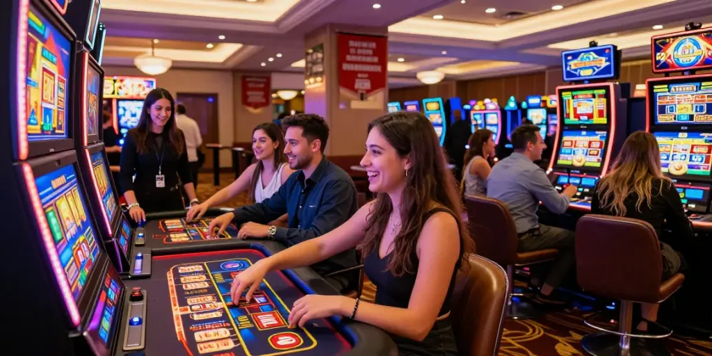 Players enjoying vibrant non GamStop casinos, engaging with slot machines and live tables in an energetic atmosphere.