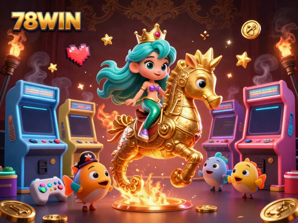 Experience the vibrant 78WIN gaming universe with 3D princess and seahorse amidst casino elements.