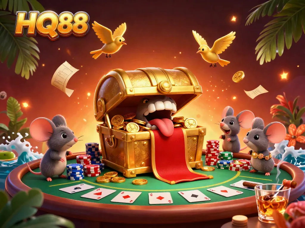 Engage with HQ88's exciting casino adventure featuring treasure, poker elements, and vibrant characters.