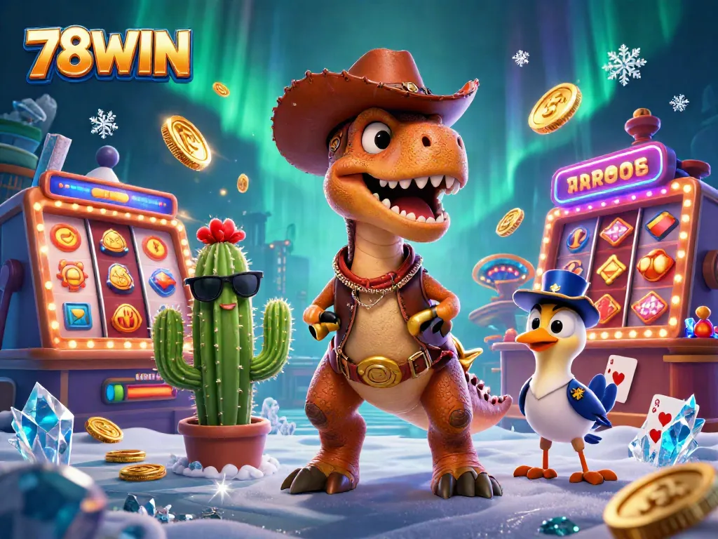 Experience the excitement of 78WIN with a dazzling 3D casino illustration featuring animated characters and gaming elements.