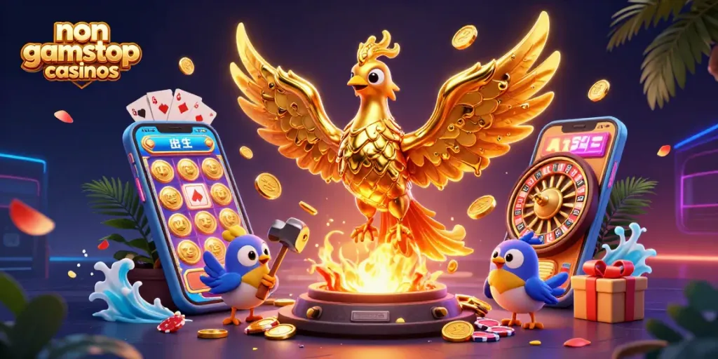 Experience exciting gameplay at non gamstop casinos with a vibrant 3D illustration of a golden phoenix and game elements.