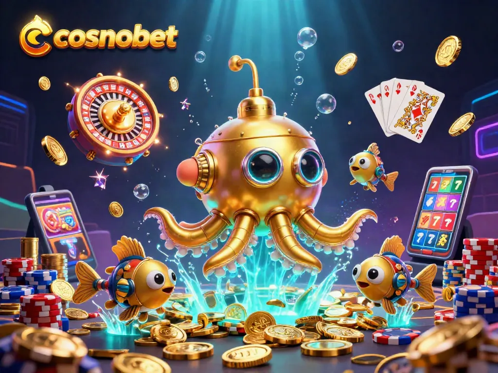 Spin to win at Cosmobet, featuring a golden kraken submarine amidst vibrant casino elements.