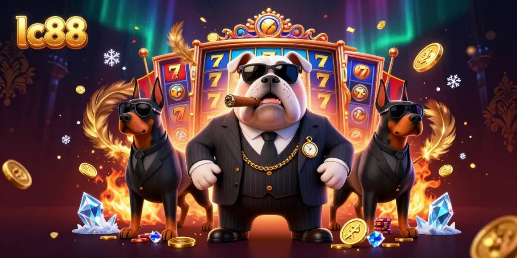 lc88 themed casino illustration featuring a bulldog in a pinstripe suit and Doberman bodyguards, rich in elements