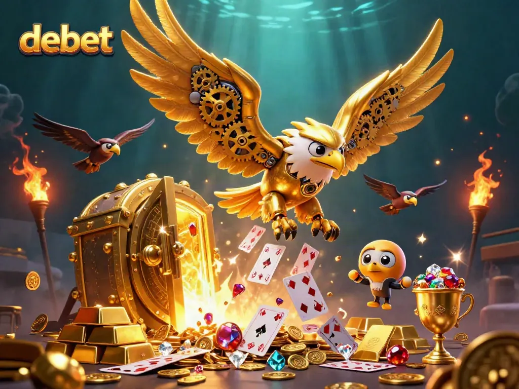 Experience the thrill of debet with a dynamic 3D illustration of a golden eagle amidst casino elements.