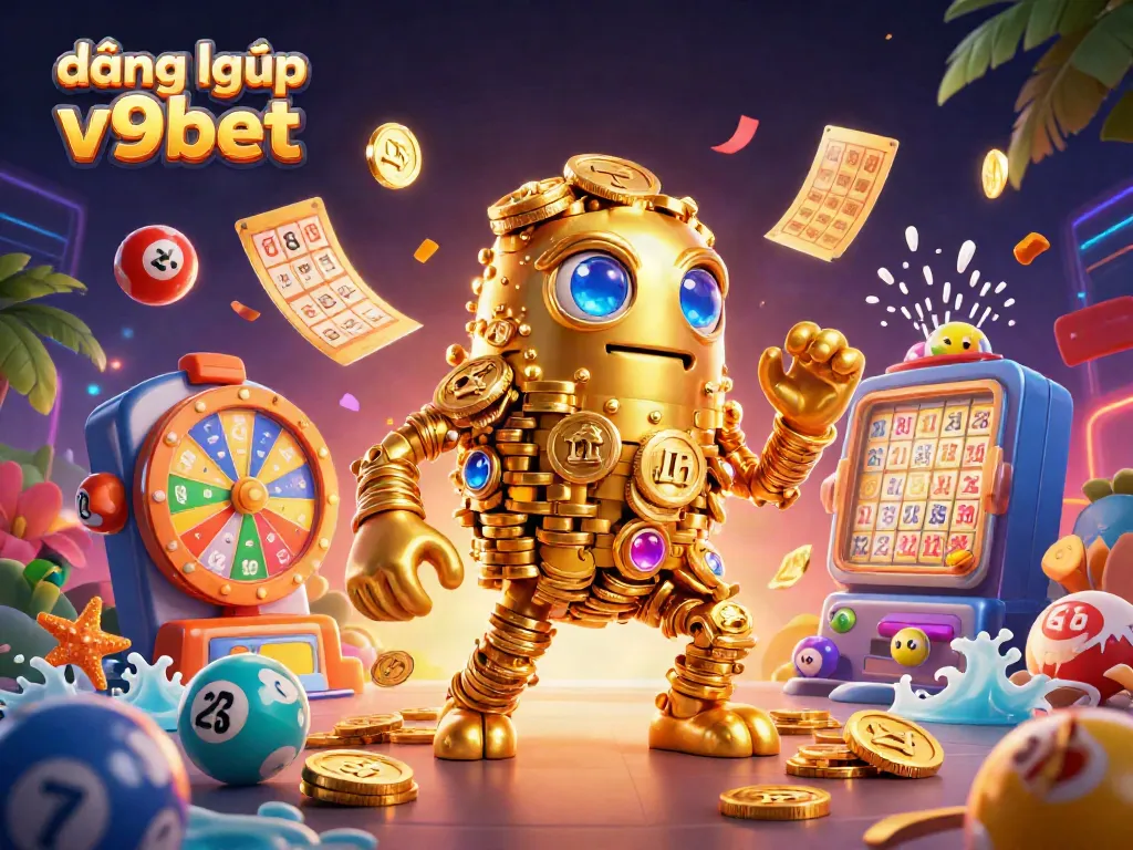 Engage with the мир of đăng nhập v9bet, featuring a golden golem of coins, alongside vibrant gaming elements.