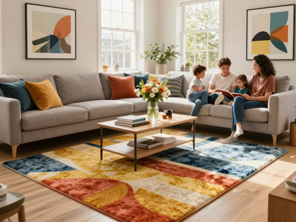 Stylish living room with affordable carpets London, featuring cozy sofa and warm decor.