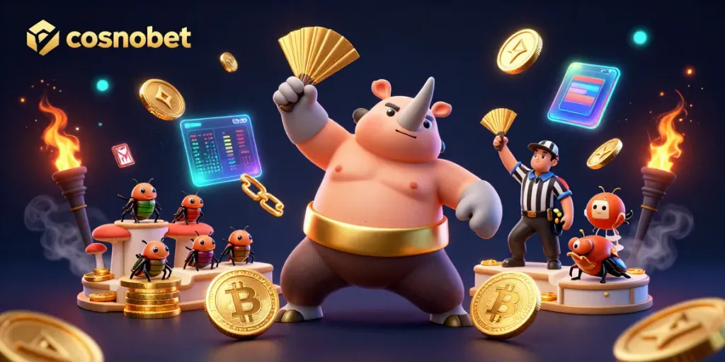 Cosmobet offers dynamic gameplay with a 3D rhinoceros beetle champion surrounded by crypto elements and vibrant visuals.