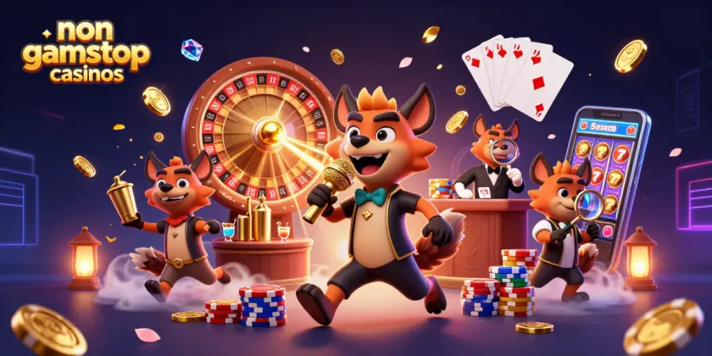 Engaging illustration of non gamstop casinos with cartoon hyenas in a casino environment, showcasing fun and excitement.