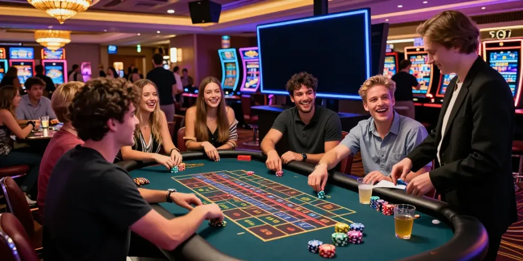 A lively casino scene showcasing non gamstop casinos UK with players enjoying roulette.