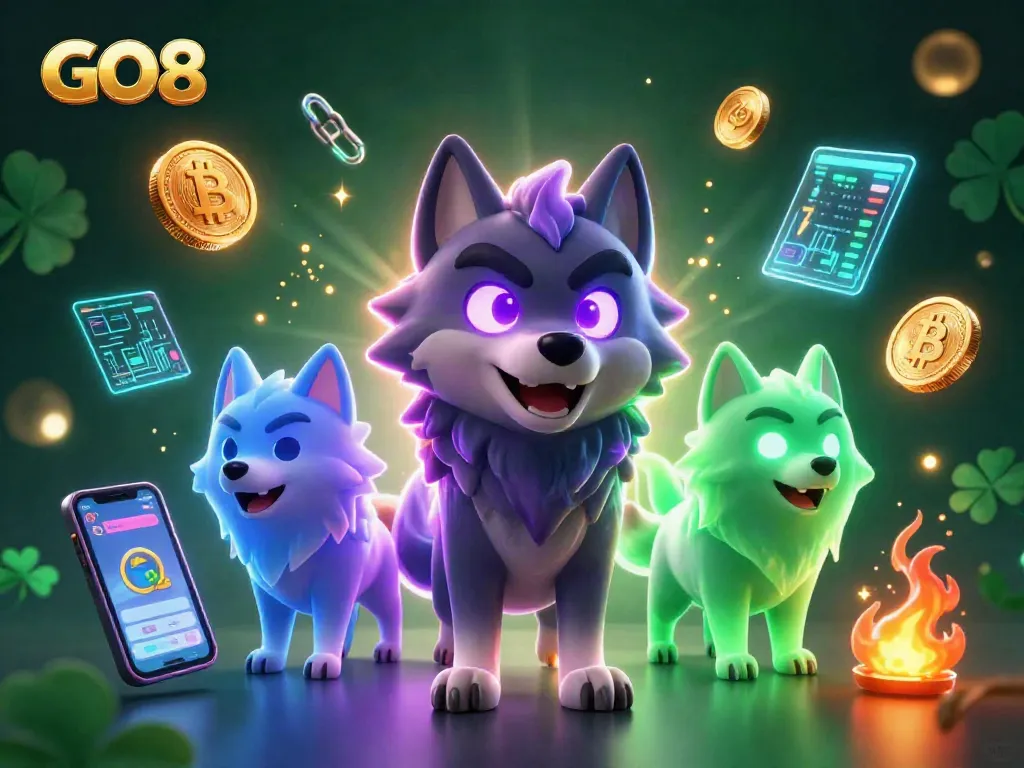 Experience exciting wins at GO8 with animated 3D wolves amidst bright crypto gaming elements.