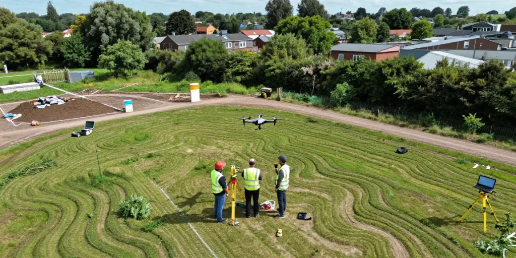 Topographical Survey Surrey demonstrating professional surveyors using advanced surveying equipment in an urban construction site.