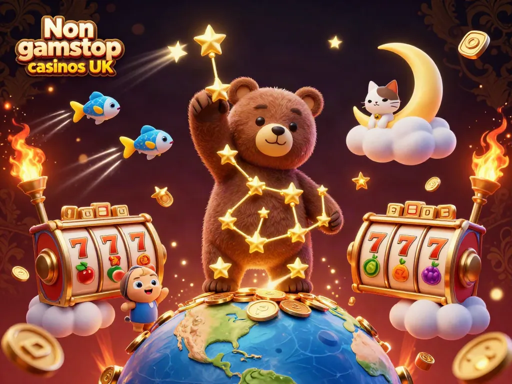 Experience the excitement of Non gamstop casinos UK with a vibrant 3D casino scene featuring stars and dynamic gaming elements.