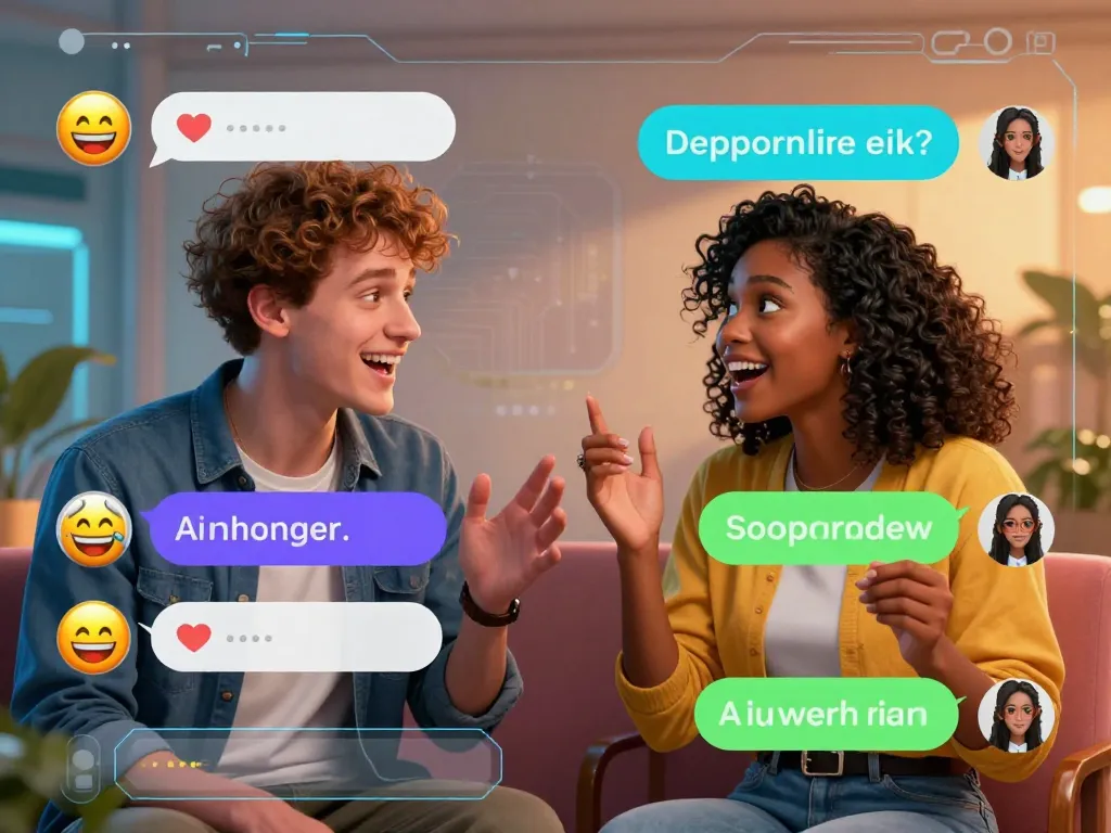 Engaging AI porn chat scene with animated avatars conversing in a vibrant digital landscape, emphasizing interaction.