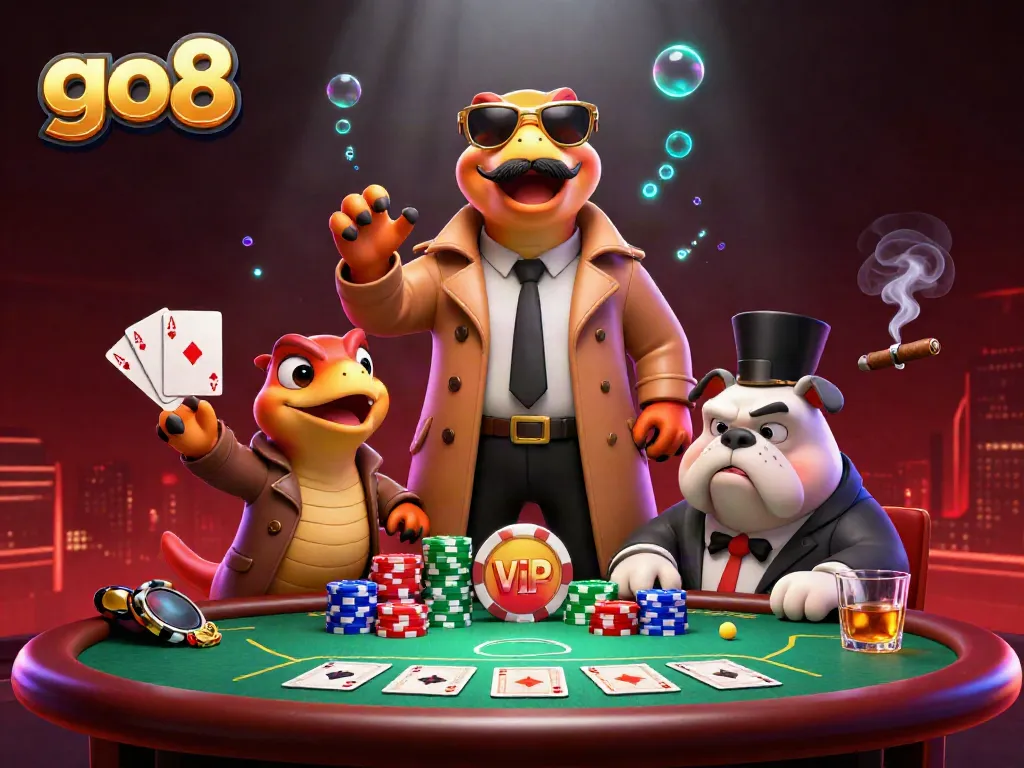 Three raptors in a trench coat enter a VIP casino lounge at go8 with vibrant decorations and gambling elements.