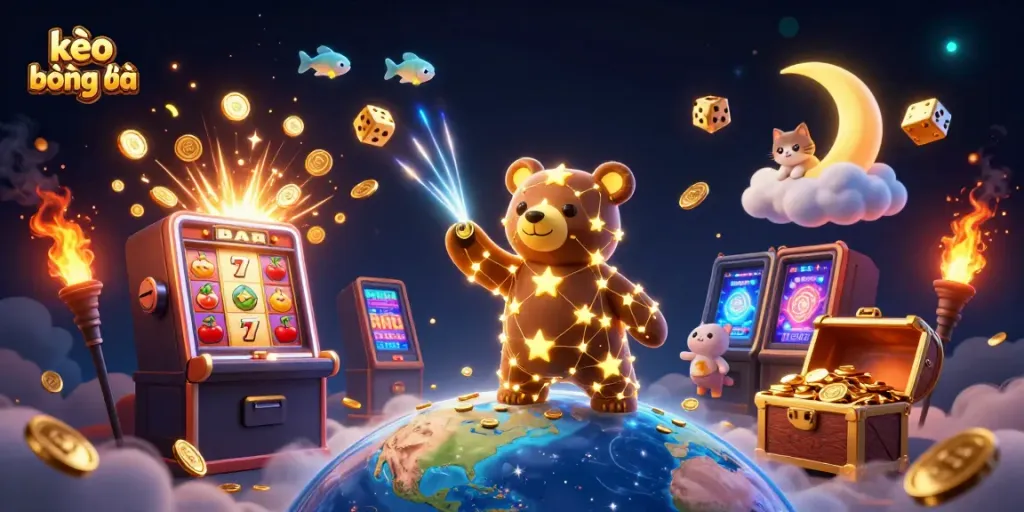 Kèo bóng đá showcases a vibrant 3D scene with a golden constellation bear, coins, and casino elements bursting with excitement.