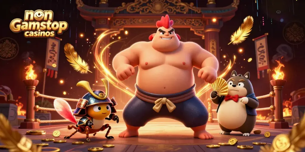 Engage with non gamstop casinos featuring a dynamic scene of characters and casino elements.