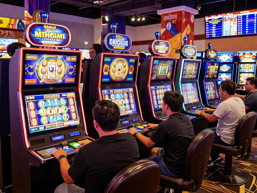 Players enjoying exciting online casinos at a vibrant virtual gaming scene with colorful slot machines.