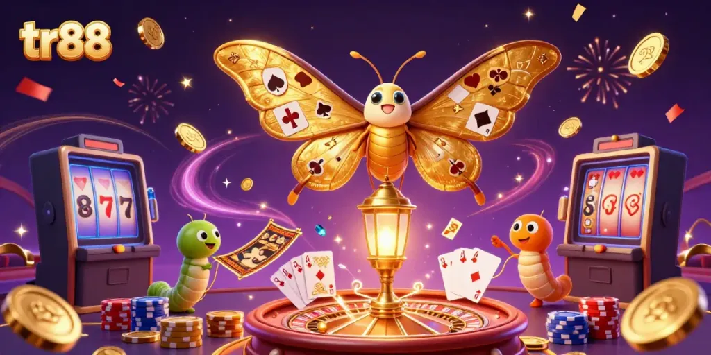 Experience thrilling gameplay with tr88 in a vibrant casino landscape featuring a majestic butterfly.