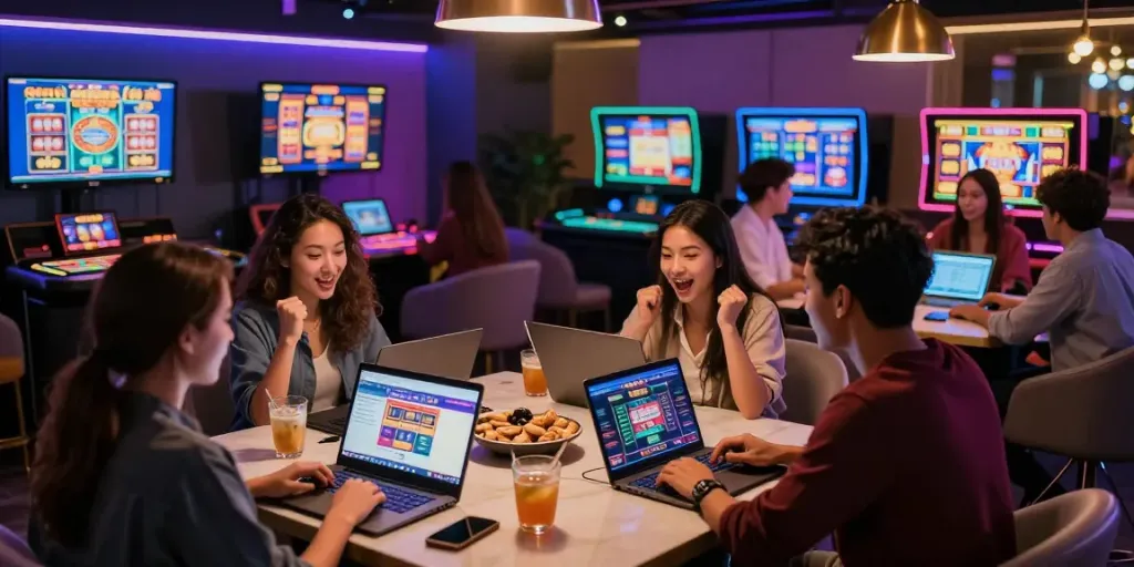 Friends exploring various casino sites in a lively online gaming lounge with excitement.